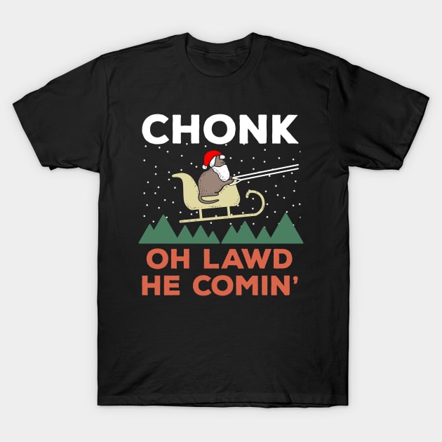 Oh Lawd He Comin Chonk Christmas Cat Santa T-Shirt by BraaiNinja